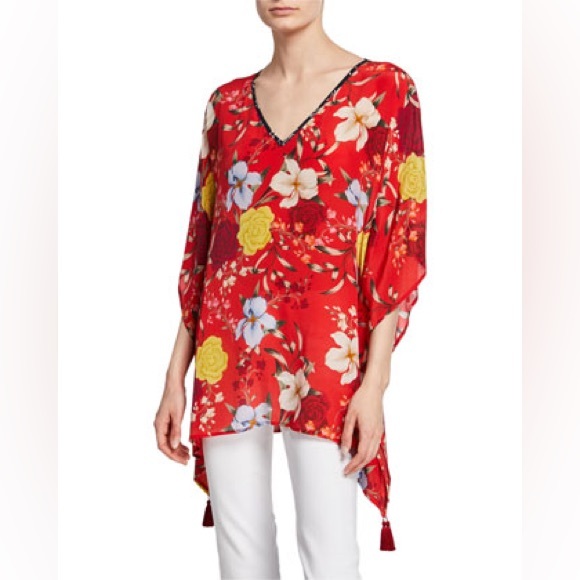 Johnny Was Tops - JOHNNY WAS JADE 100% Silk Vega Floral-Print V-Neck Silk Tunic w/ Tassels Artsy
